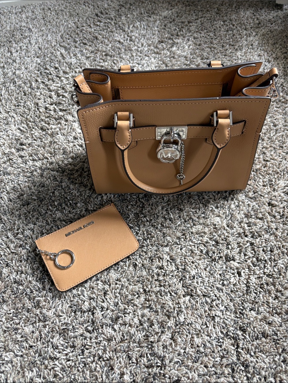 Michael Kors Cognac Leather Satchel with MK Charm and Matching Card Holder